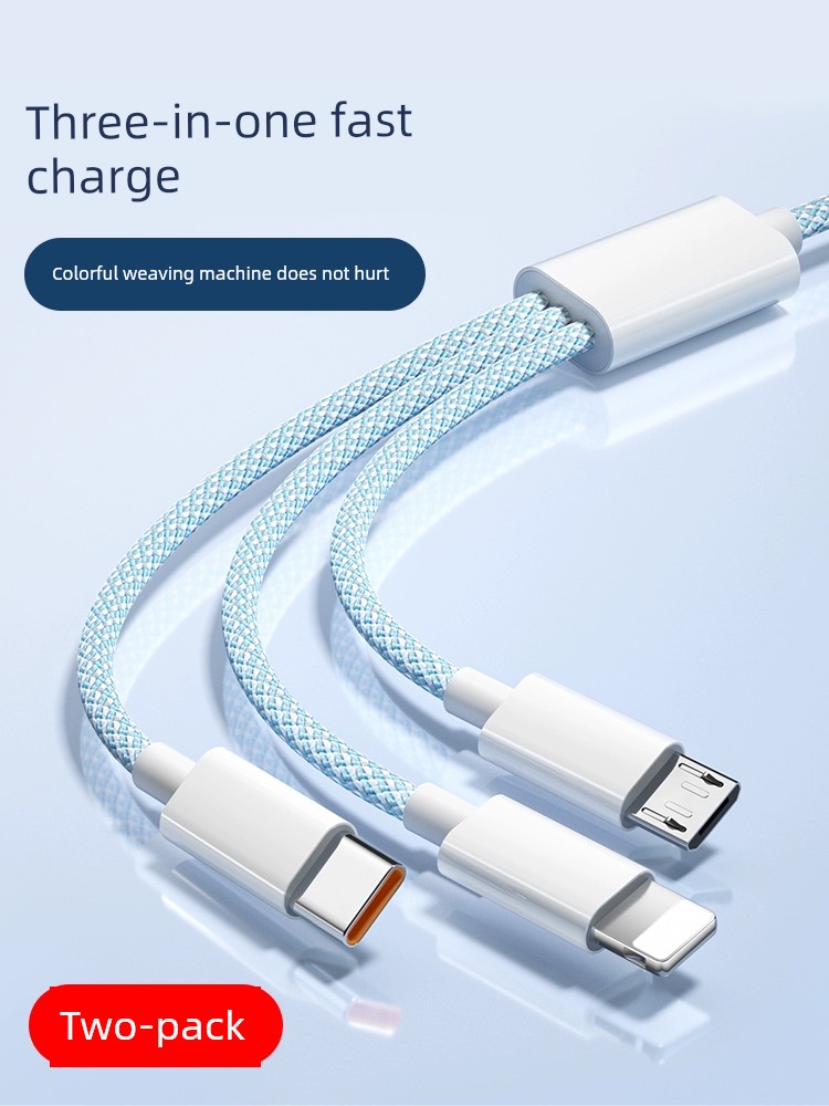 Suitable for Three-in-One Data Cable 66W Fast Charge 3-in-1 Charging Wire Charger 6A Car Three-Purpose Multi-Functional Multi-Head Three-Head Universal for Xiaomi Apple Huawei Vivo Android Phone USB