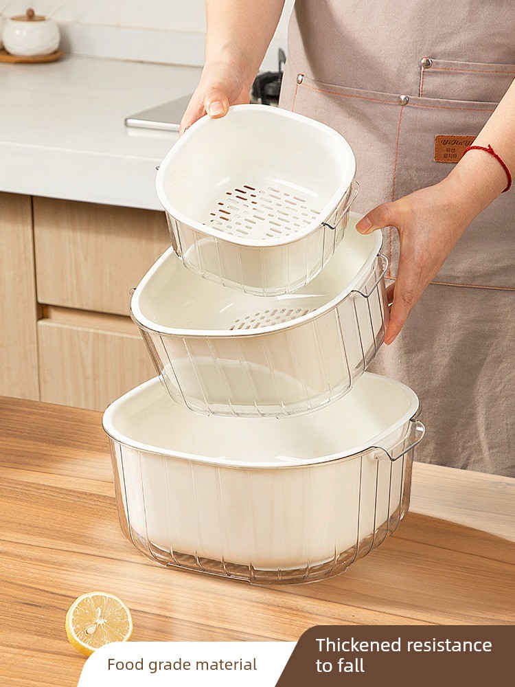 New Arrival Double-Layer Vegetable Washing Basket Drain Basket For Home Living Room Plastic Fruit Plate Kitchen Thickened Water Filter Vegetable Basket Washing Vegetable Basket