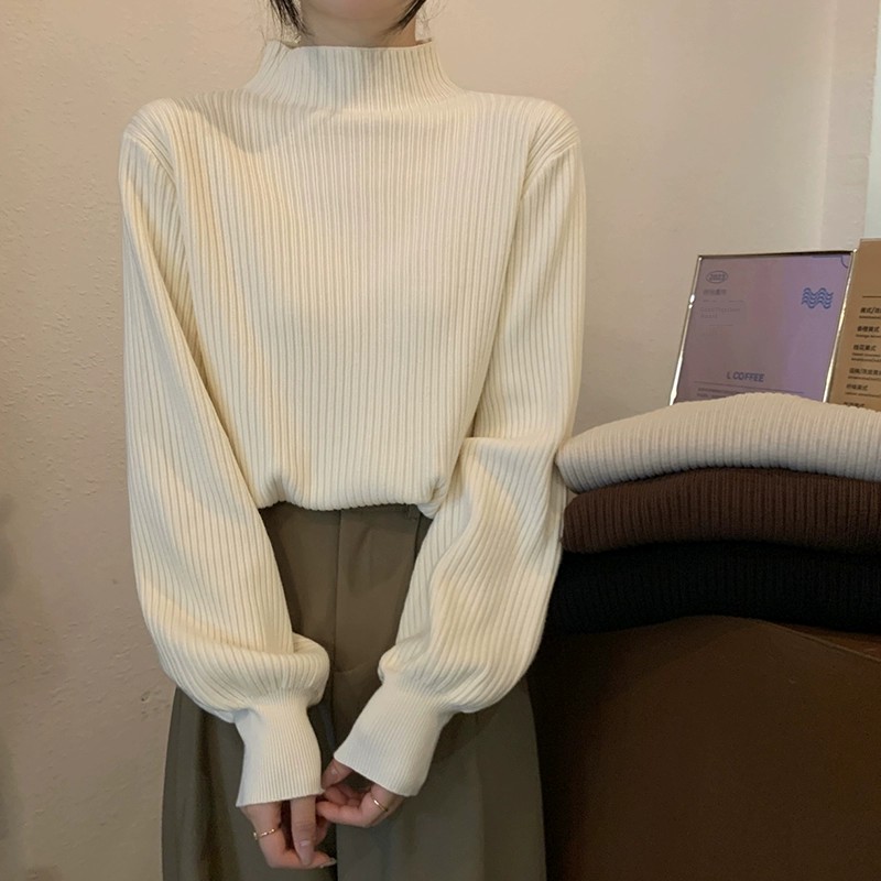 Japanese Retro Simple Apricot Mock Neck Sweater Women's Autumn and Winter Loose Idle Style Casual All-Match Glutinous Knitted Top