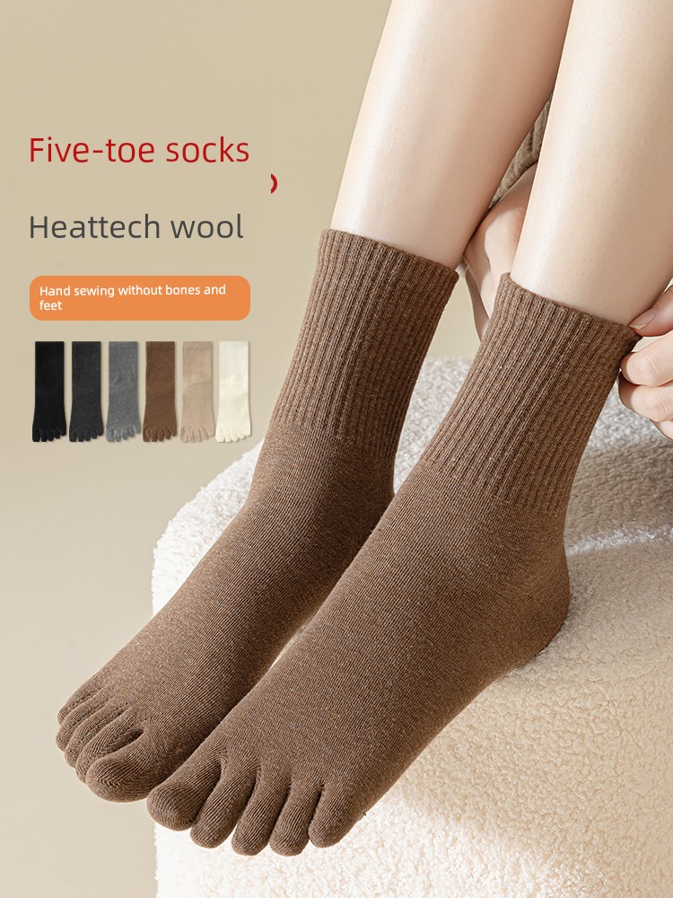 Socks Women Tube Winter Fleece Fleece-lined Thick Five-Finger Socks Winter Thick Maillard Angora Warm Toe Socks