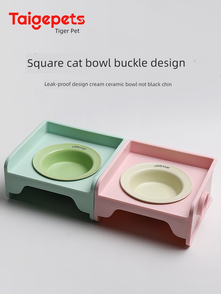 Cat Bowl Ceramic Double Bowl Height Increasing Table Stand Square Bowl Anti-Tumble Cat Water Bowl Young Cat Food Bowl Pet Food Basin Cat Bowl