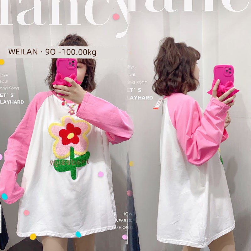 Pure Cotton Plus Size 1.00 Kg-150.00 kg Bottoming Shirt Women's Spring & Fall K-style Color Shoulder Embroider Big Red Flower Inner Wear Outer Wear Tops