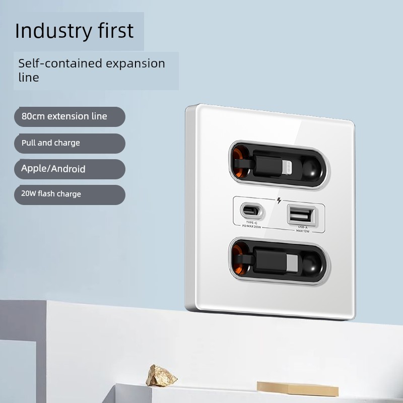 86 Type Tempered Glass USB Socket with Telescopic Data Cable Type-c Mobile Phone Charging 20W Fast Charging Panel For Home