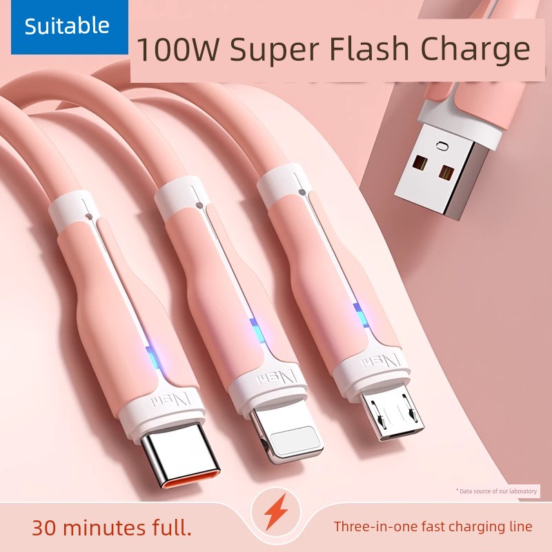Applicable Charging Cable Three-in-One 100W Fast Charging One-to-Three Mobile Phone for Huawei Apple Vivo Xiaomi Oppo Glory Typec Car Vehicle Android Data Cable Multi-Head Neutral Three Suit