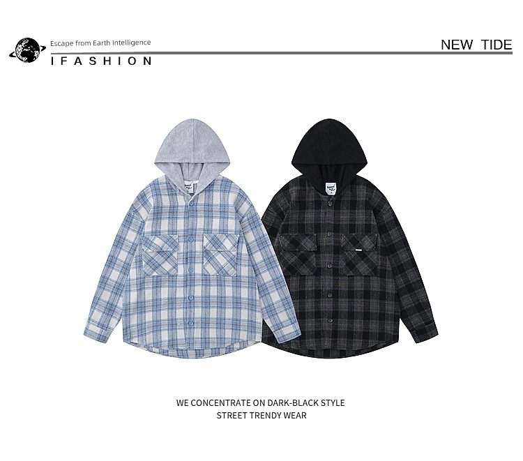 American Retro Plaid Woolen Hooded Long Sleeves Shirt