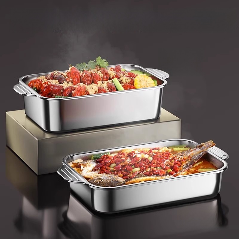 Stainless Steel Grilled Fish Dish Induction Cooker For Home Barbecue Plate Rectangular Plate Deepening Square Plate Oven Food Grade Boiled Fish with Pickled Cabbage and Chili