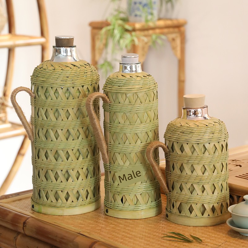 New Arrival Bamboo Woven Retro Thermos Bottle Old-Fashioned Kettle Glass Liner Insulation Bottle Hotel Homestay Rice Household Thermal Kettle
