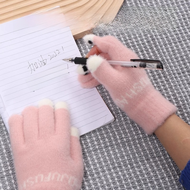 Women's Gloves Autumn and Winter Open Finger Fleece-lined Heattech Cute Student Cold Winter Men's Half Finger Writing Finger