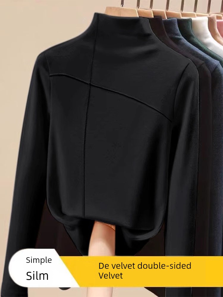 Half-high Collar Double-sided Dralon Bottoming Shirt Women Autumn and Winter Inner wear Plus size Warm Mid-Collar Fleece-lined Thickened Fashion T-shirt Women