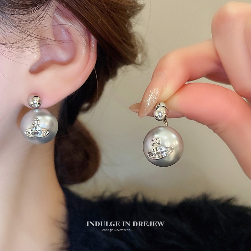 Silver Gray Saturn Pearl Stud Earrings Light Luxury High-Grade Elegant Earrings New Simple Exaggerated Two-Piece Earrings