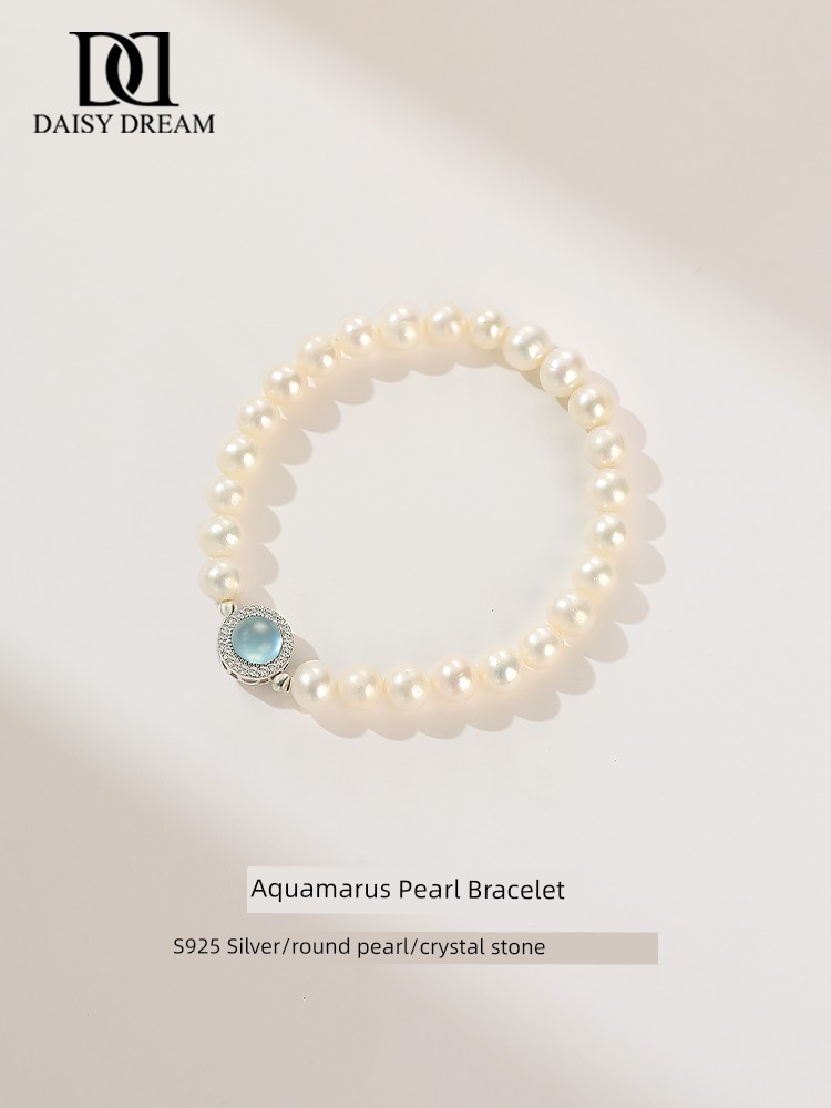 Natural Aquamarine Freshwater Pearl Bracelet Girls' Sterling Silver Accessible Luxury Niche Temperament Bracelet for Girlfriend Holiday Gift