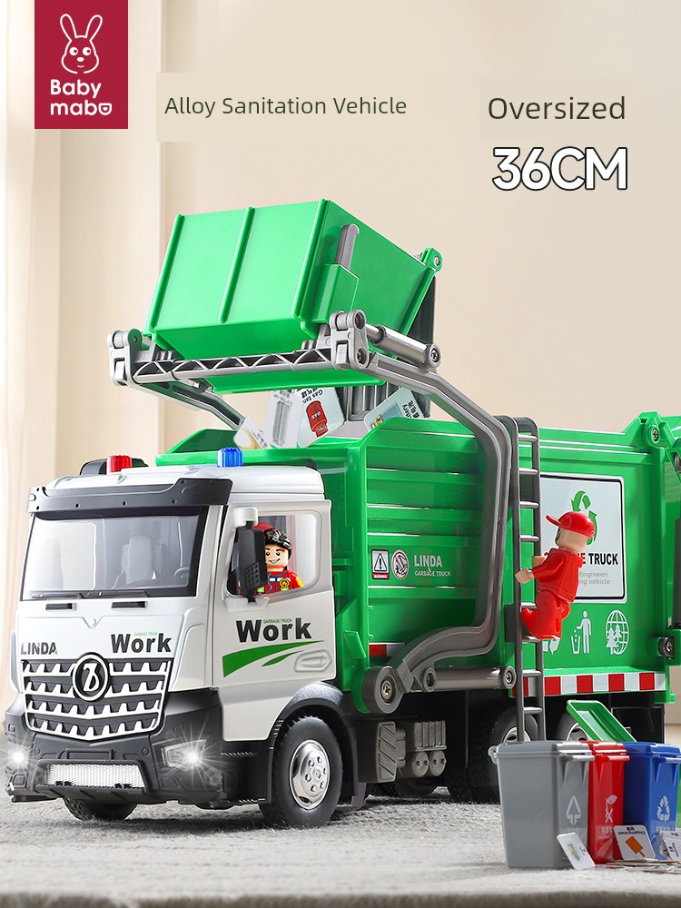 Oversized Alloy Sanitation Garbage Cleaning Truck Kids Toy Boy Self-Unloading Project Sorting Trash Bin Sweeper