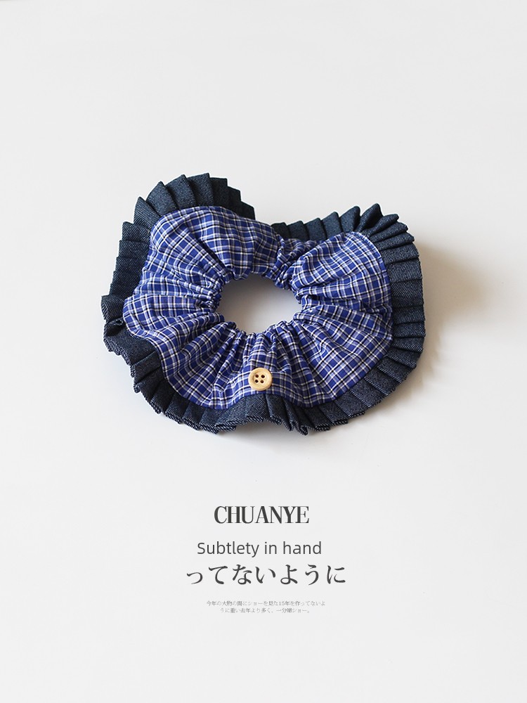 Kawano Klein Blue Plaid Denim Lace Large Intestine Hair Ring Preppy Style Young Adult Rubber Band for Bun Haircut Headband Hair Accessories