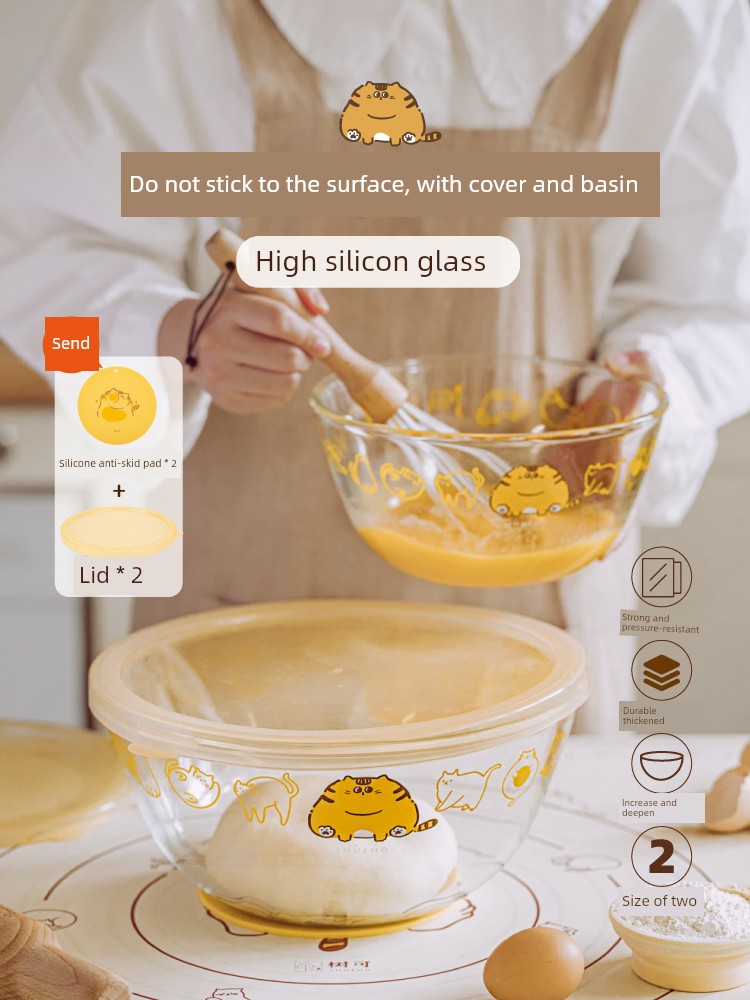 Tree Can Be Orange Tabby Cat with Lid Dough Basin Baking at Home Hair Surface Glass Basin High Temperature Resistant Bason Dough Kneading Egg Beating Bowl Basin