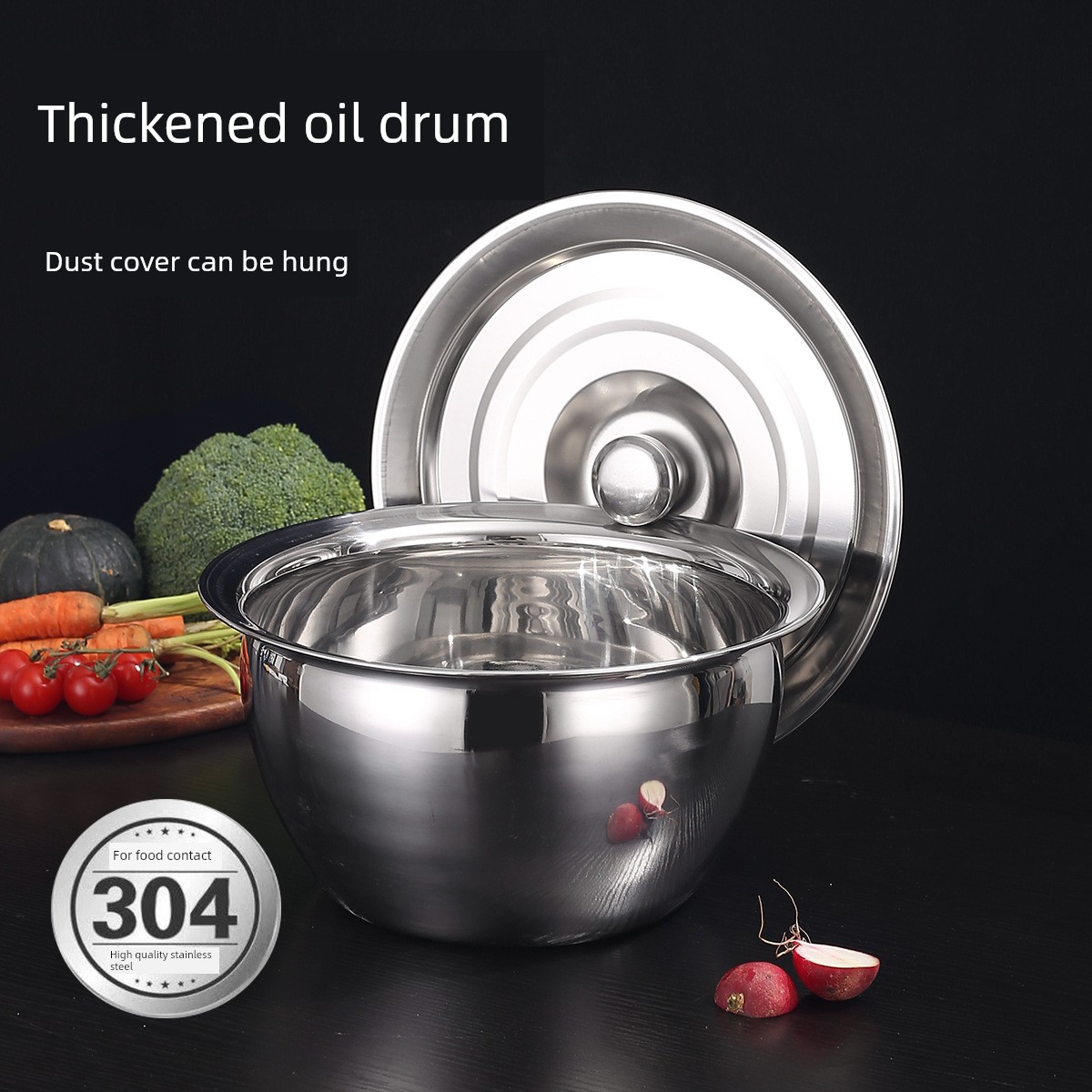 Stainless Steel Oil Drum Oil Basin Thickened with Cover Expansion Oil Basin Seasoning Jar Seasoning Basin Kitchen Stainless Steel Basin