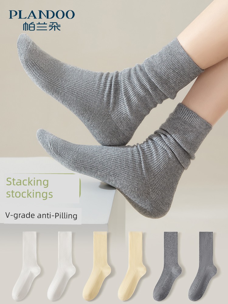 Gray Socks Women Autumn and Winter Pile Socks Pure Cotton Tube Socks White Boneless Confinement Stockings Winter with Small Leather Shoes