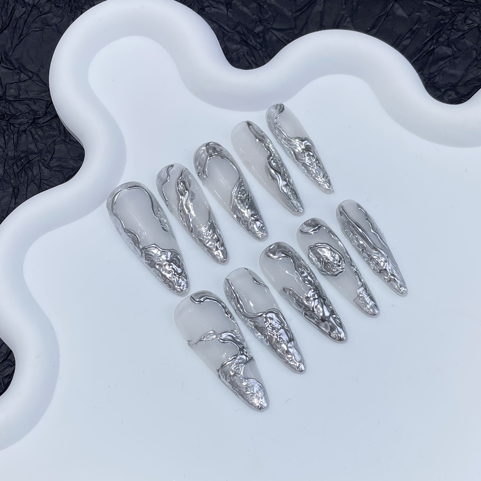 Asymmetrical Three-Dimensional Metal Sexy Hand Wear Nail Length Tip Classy Cold Adjustment Silver Magic Mirror Effect Powder Nail Stickers