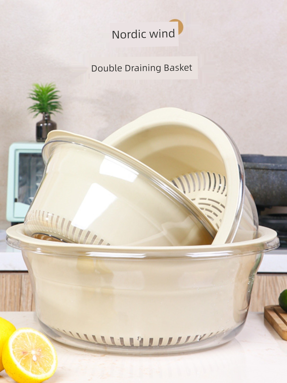 Large Capacity Double-Layer Transparent Water Filter Washing Vegetable Basket Transparent Washing Fruits and Vegetables Handy Gadget Washing Basin For Home Kitchen Drain