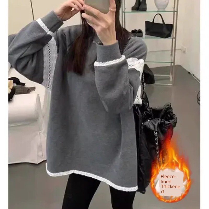 Chubby Girl Designer Lace Stitching Fleece-Lined Thickened Hoodie - Autumn/Winter Loose Pullover Trendy Top