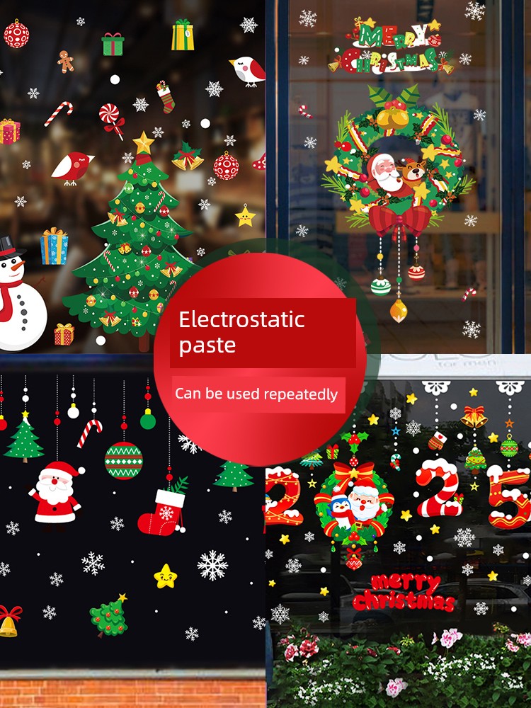 Christmas Stickers Glue-Free Ice Man Christmas Tree Holiday Atmosphere Decorative Electrostatic Sticker Window Glass Layout Props