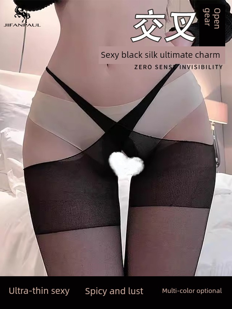Black Silk Stockings Women's Open Crotch Sling False Two-Piece Patchwork Temptation Abstinence JK Pure Desire Trendy Black Silk White Silk Thin Pantyhose