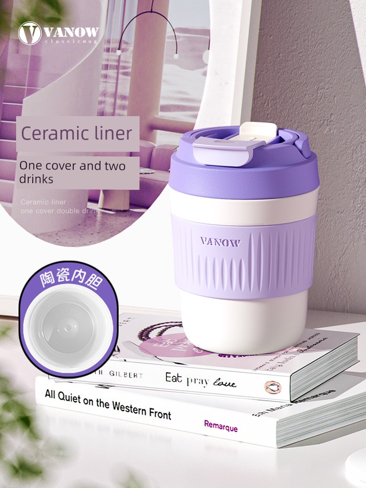 Vanow Vacuum Cup Female Good-looking Student Water Cup Portable Ceramics Liner Straw Coffee Cup for School