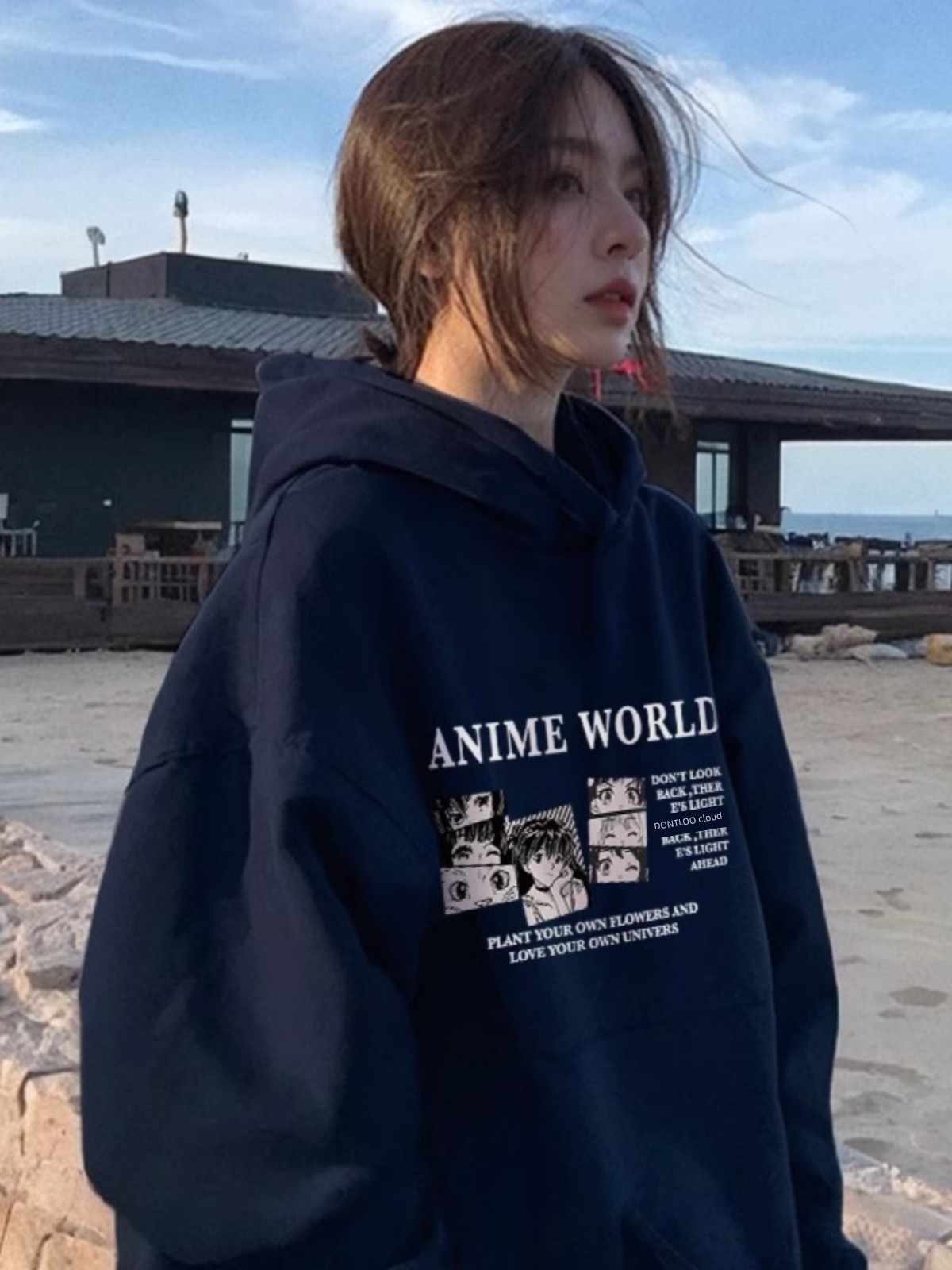 Navy Blue Hooded Sweatshirt Women's Fall 2025 New Arrival Best Selling American Spring Fleece-lined Thickened Long Sleeves Tops Women