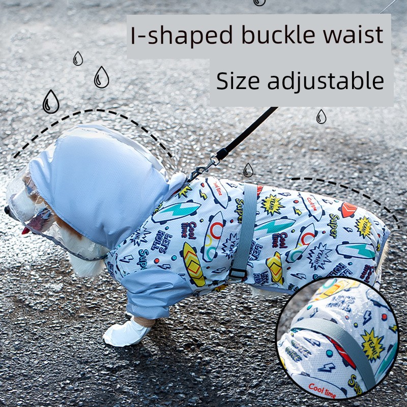 Hippie Dog Cartoon Letters Full Printed Corgi Dog Raincoat Small and Medium-Sized Dogs Sausage Four-Legged Traction Belt Cap Poncho