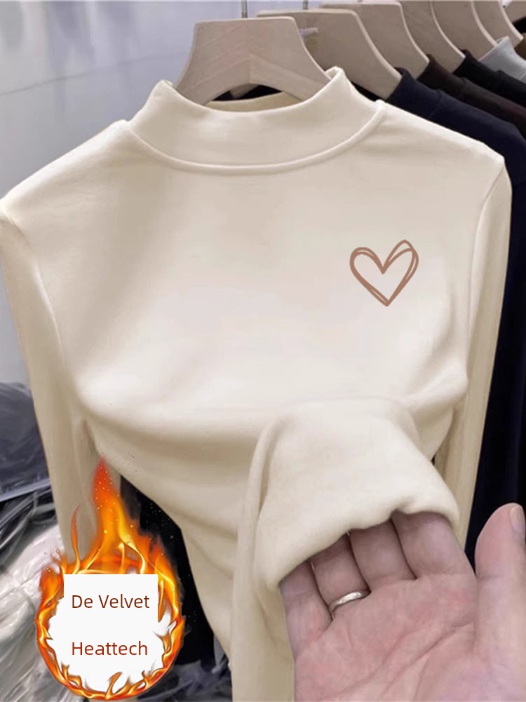 Dralon Thickened Long Sleeves T-shirt Half Turtleneck Women's Autumn and Winter White Silm Easiest for Match Mid Collar Shoulder Fleece-lined Top Clothes