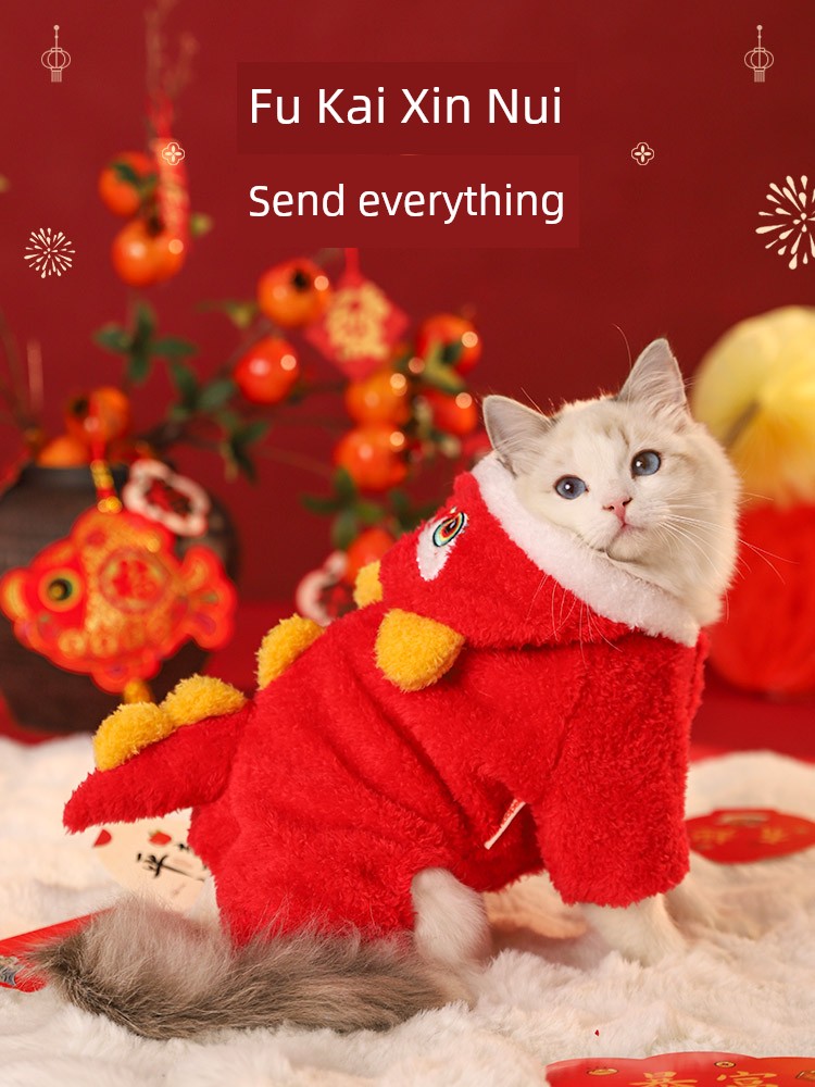 Cat Clothes New Year Tangzhuang Pet Fall and Winter Fleece-lined Thickened New Year Celebration Winter Heattech New Year Dog Winter Clothing