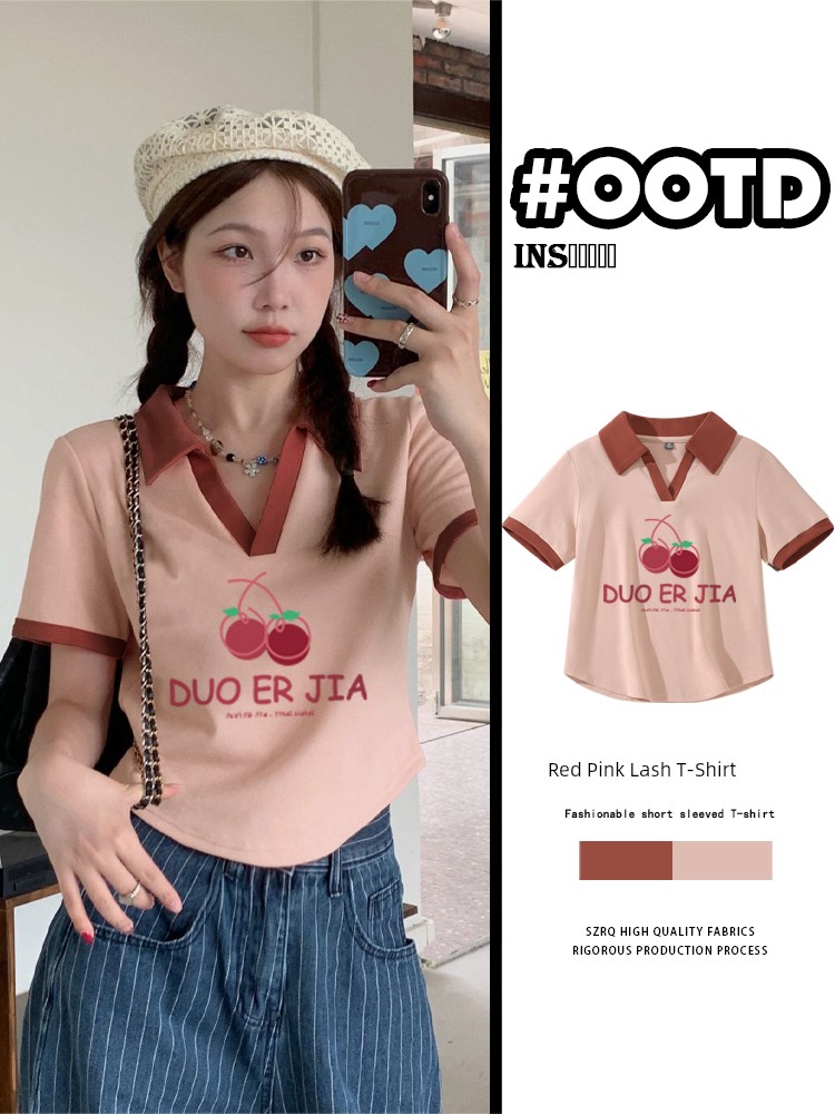Summer Dopamine Shoulder Short Sleeve T-Shirt Women's Short V-neck Tops Polo Shirt 2025 New Arrival Plus Size Plus Size Ladies T-shirt