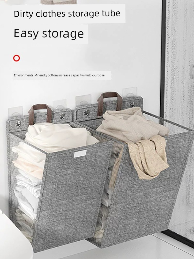 Cotton and Linen Foldable Laundry Basket Fabric Dirty Clothes Basket Wall Hanging Dirty Clothes Storage Basket Large Size Waterproof Bathroom Linen Basket