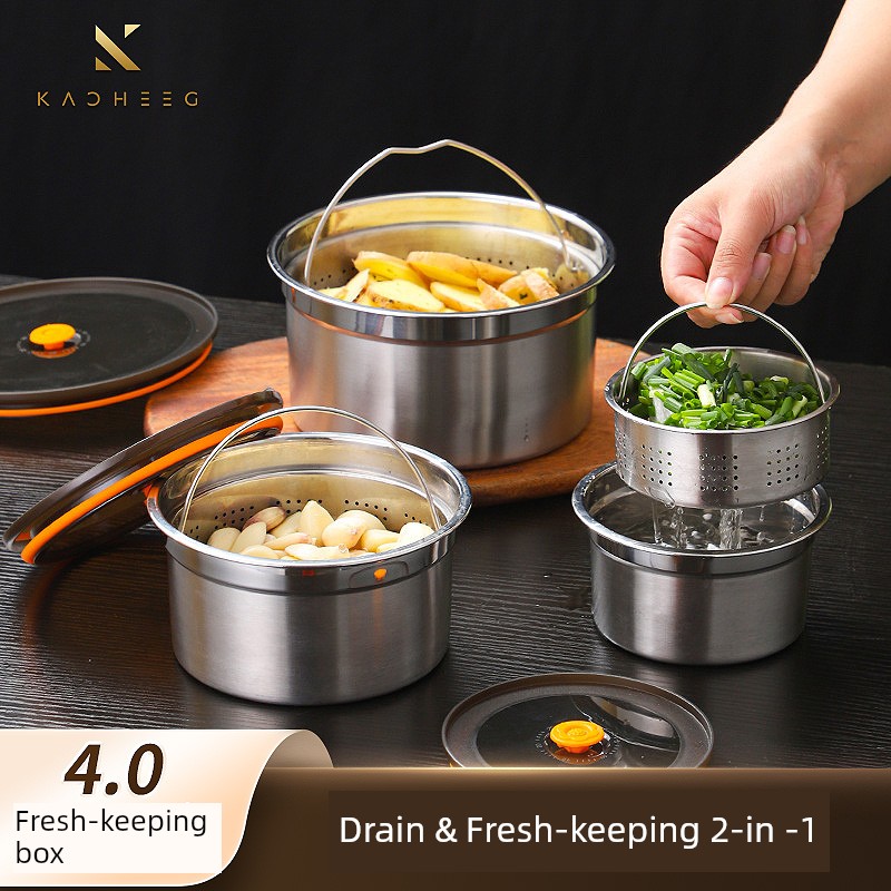 304 Stainless Steel Crisper Sealed Draining Vegetables and Fruits with Lid Cabas Outdoor Refrigerator Food Grade Freezer Box