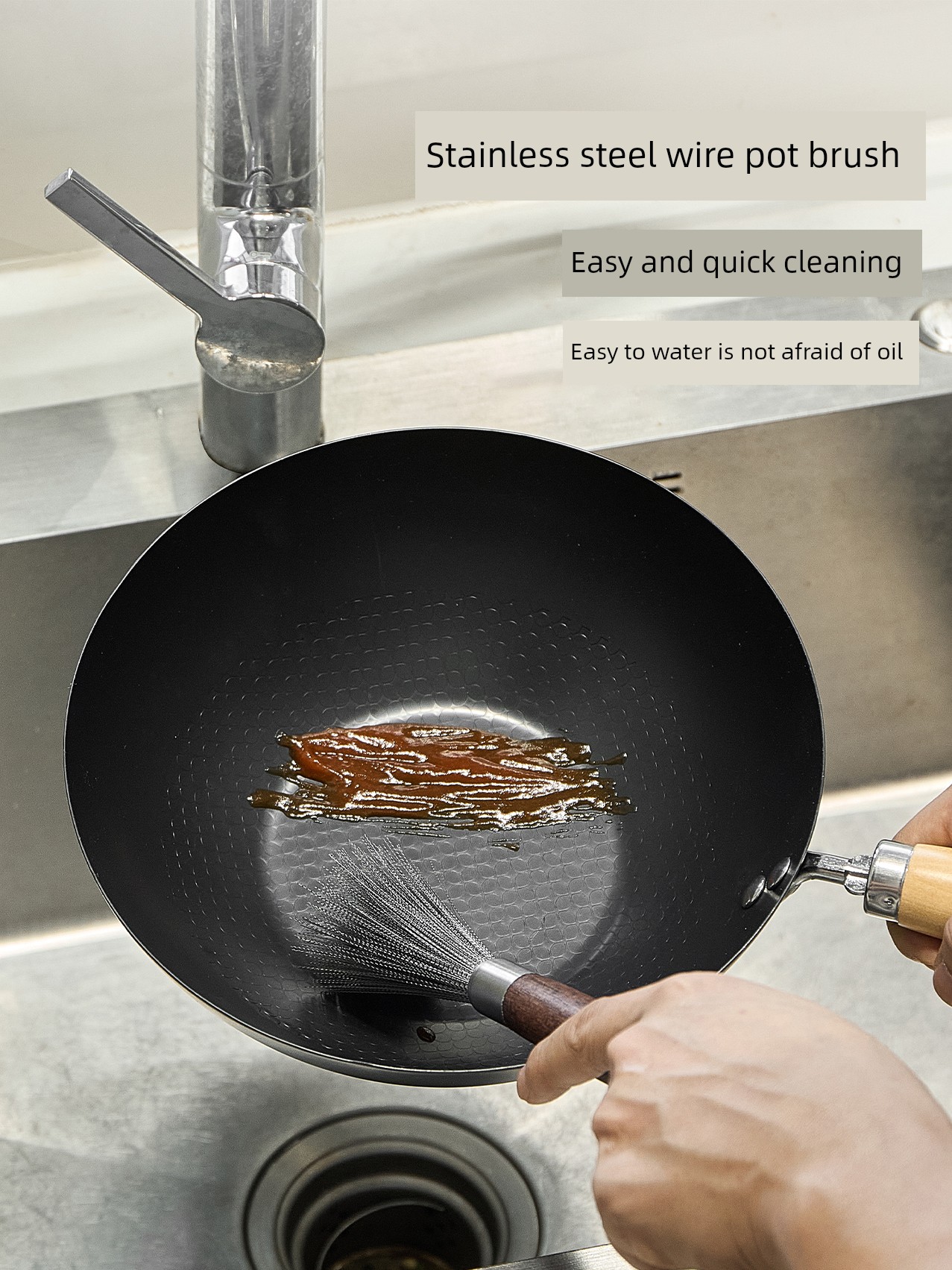 304 Stainless Steel Wok Brush For Home Marvelous Pot Cleaning Accessories Kitchen Special Brush Pot Long Handle Wooden Handle Non-Stick Pan Cleaning Brush