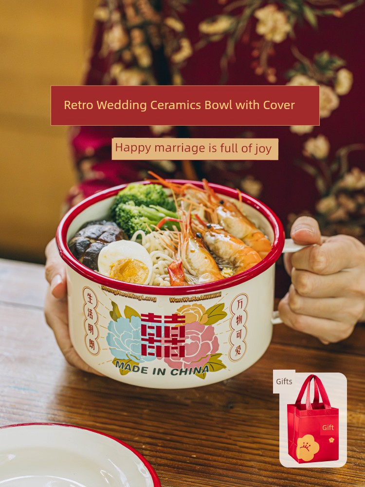 Tree Happy Event Enamel Bowl Thickened Large Instant Noodle Bowl Chinese Retro Soup Bowl Home Salad Bowl Wedding Gift