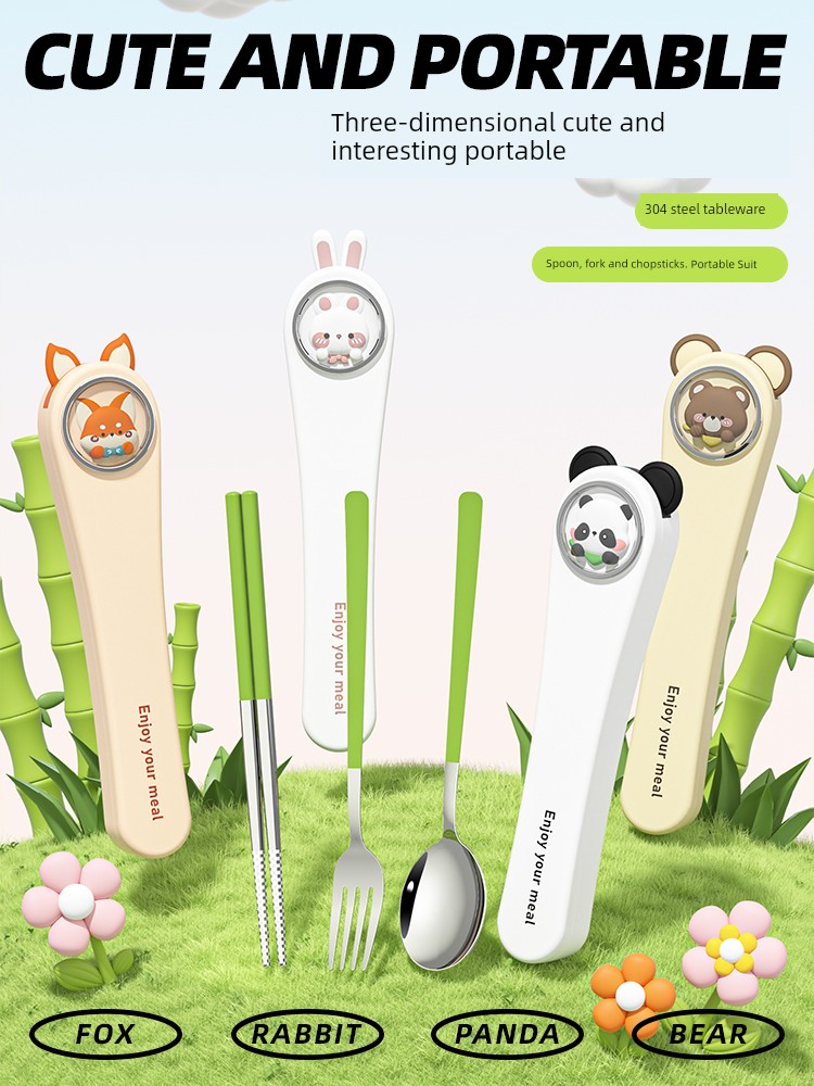 304 Stainless Steel Chopsticks Spoon Kit Kids Portable Tableware Cartoon Primary School Student Special Three-Piece Set Storage Box