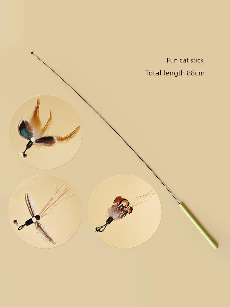 Feather Cat Teaser Long Brush Holder High Quality Artificial Insect Feather Replacement Head Bite-Resistant Cat Consumes Physical Strength Cat Toy