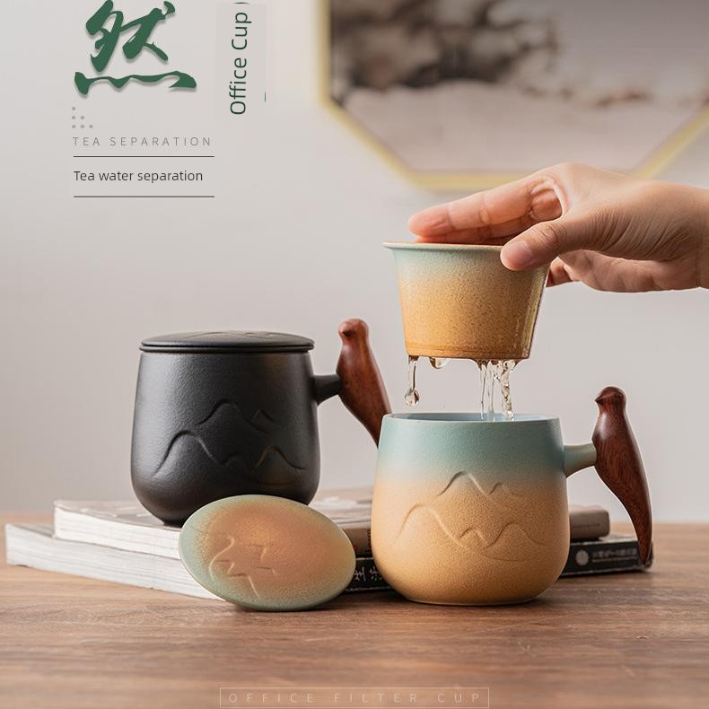 Jujiajia Wooden Handle Mug Ceramic Filter with Cover Tea Water Separation Tea Cup Personal Large Capacity Office Cup