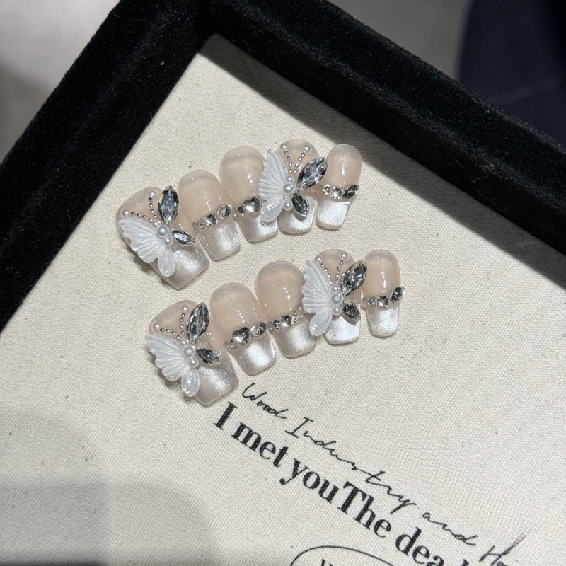 [Face Gift] Butterfly Elf French Cat Eye Hand-Worn Nail Three-Dimensional Flying Dance White Nail Beauty Detachable Patch