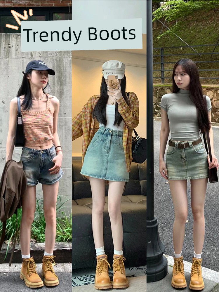 Broken Yellow Boots Female Worker Boots Hiking 2025 New Arrival Spring & Fall Thick Sole Increased British Style Boots Male