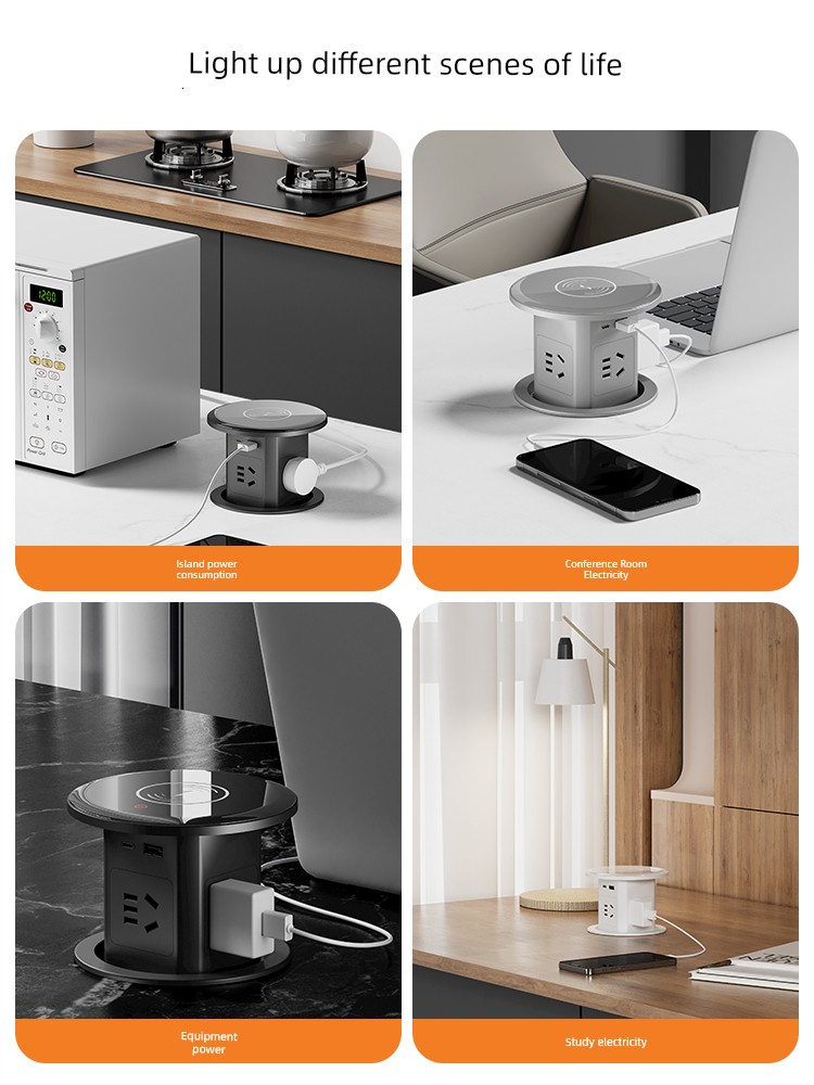 Hydraulic Lift Socket Embedded Kitchen Island Wireless Kitchen Power Strip Waterproof Hidden Desktop Switch Socket