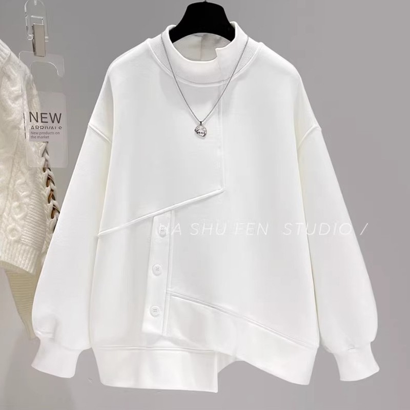 Spring Autumn New Plus Size Chubby Girl Personality Button Irregular Hoodie - Women's Niche Design Belly-Covering Slimming Age-Reducing Trendy Top