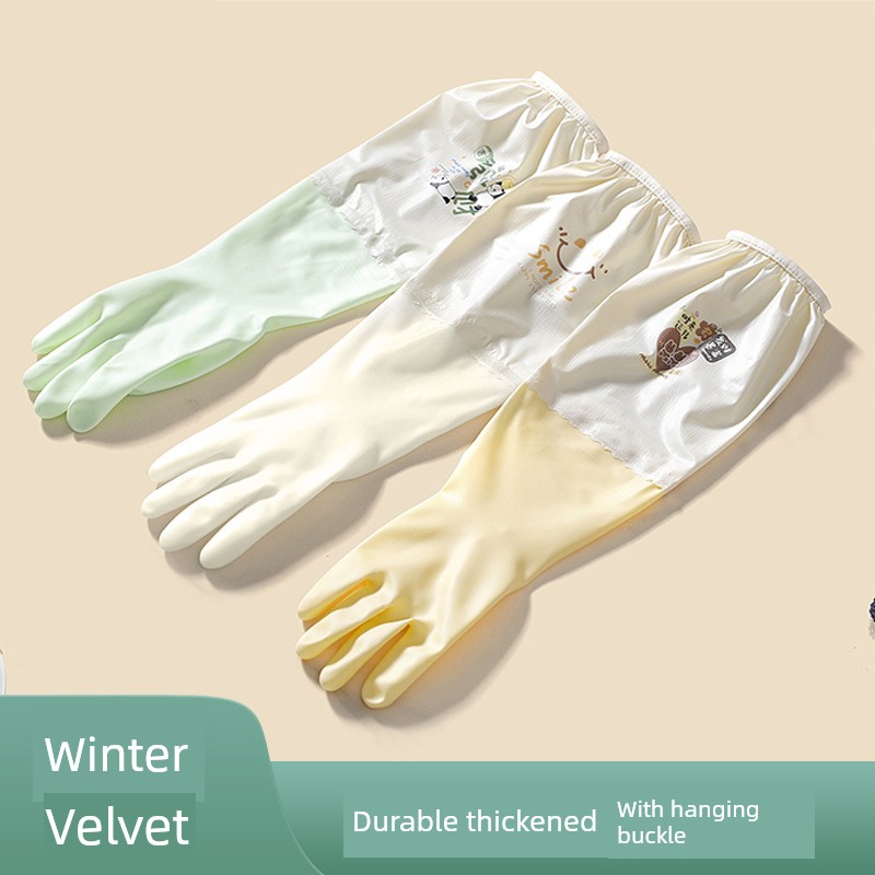 Good-looking Drawstring Top Housework Gloves Dishwashing Fleece-lined Warm Waterproof Lengthened Household Cleaning Laundry Rubber Thickening