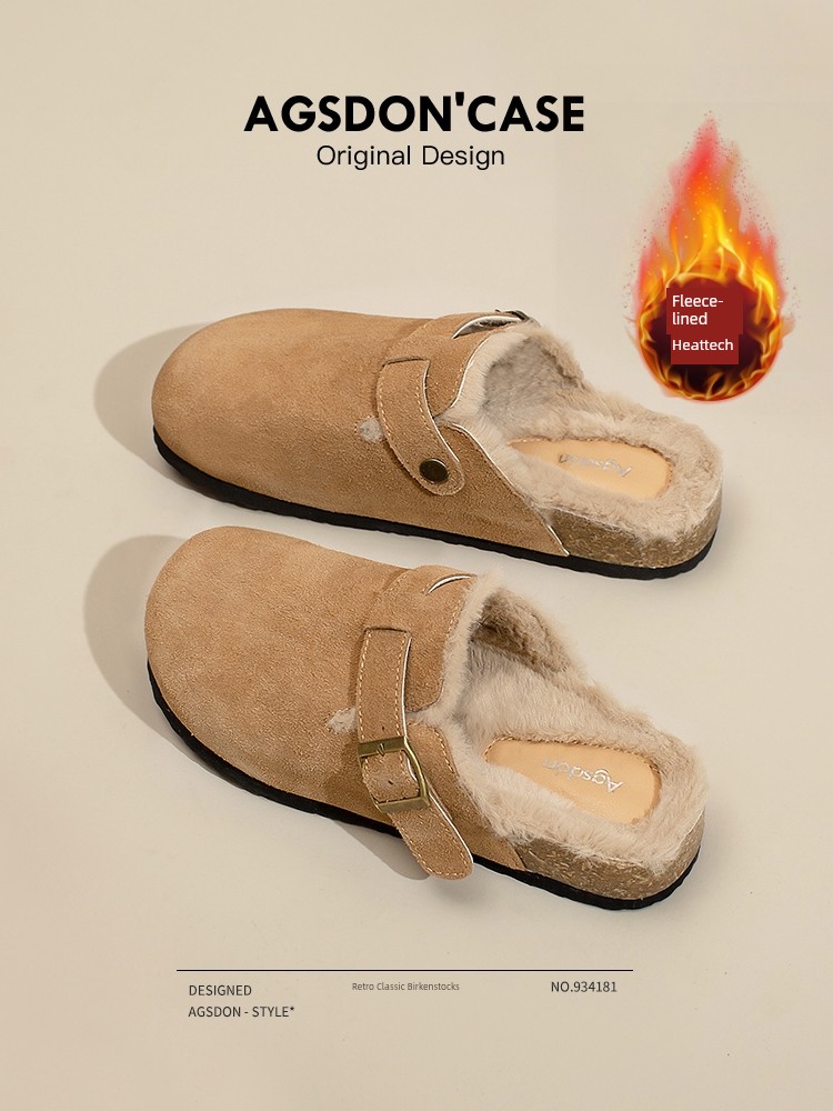 Augusto Genuine Leather Birkenstock Women's Fall and Winter Fleece-lined 2024 New Arrival Slip-on Women's Shoes Fluffy Shoes Closed-Toe Slippers