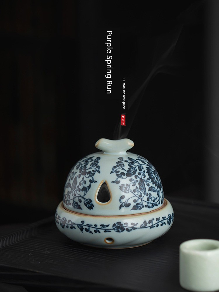 Jojo's L. Pd. Ziquan Jian. Ru Ware Blue and White Interlock Branch Lotus Ceramic Incense Burner Incense Set Sandalwood | Cut