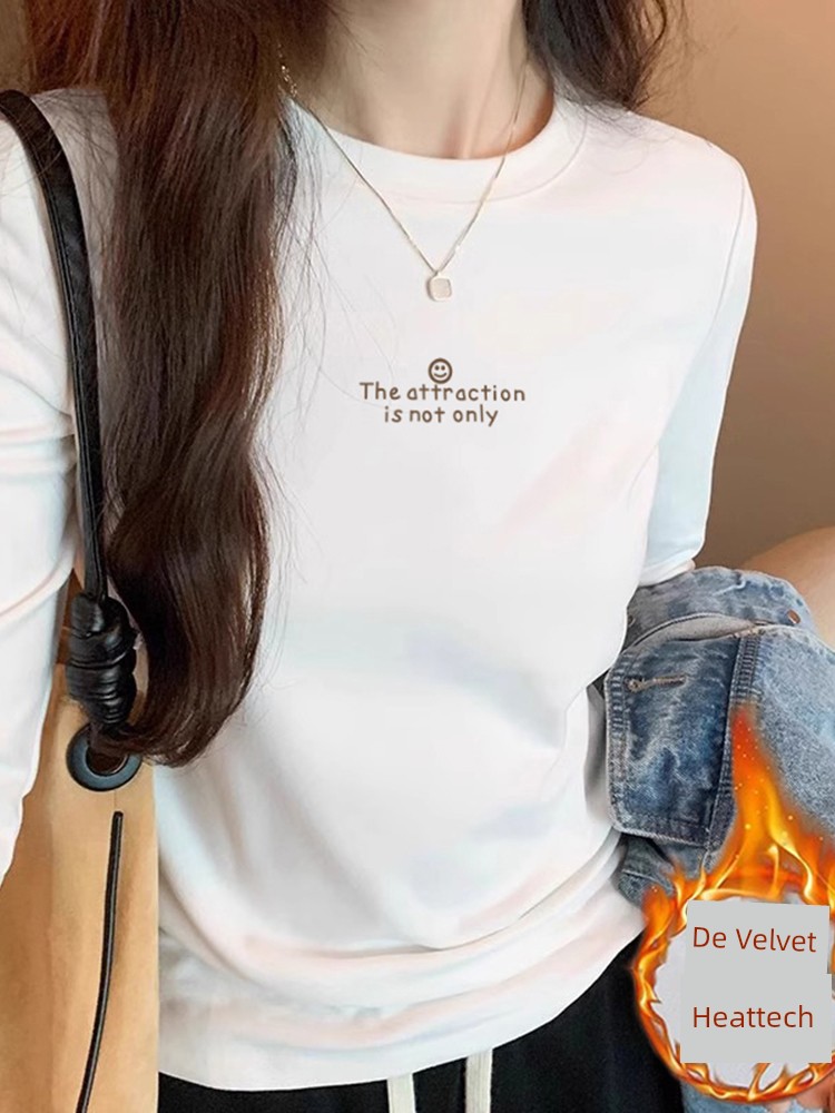 White Shoulder Long Sleeves T-Shirt Female Fall and Winter Double-Sided Dralon New Arrival Small Short Slimming Youthful-Looking Padded Top