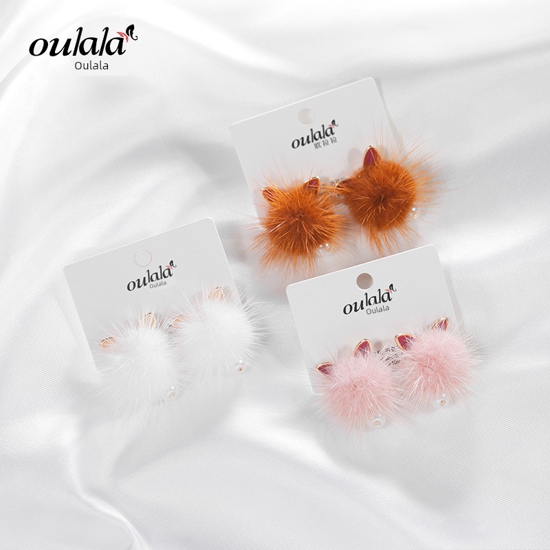 Kitty Japanese Style Mink Wool Ball Korean Style Pearl Stud Earrings