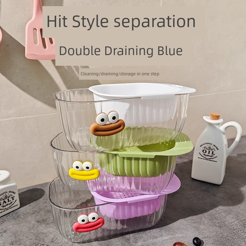 Cartoon Double-Layer Draining Fruit Box Transparent Good-looking Fruit and Vegetable Washing Vegetable Basket For Home Separated Thickened Fruit Filter Plate
