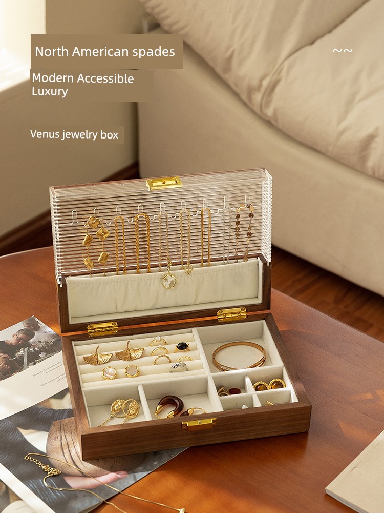 Jewelry Box Storage Box High-Grade Exquisite 2024 New Arrival Solid Wood Hand Jewelry Earring Storage Black Walnut Wooden Box