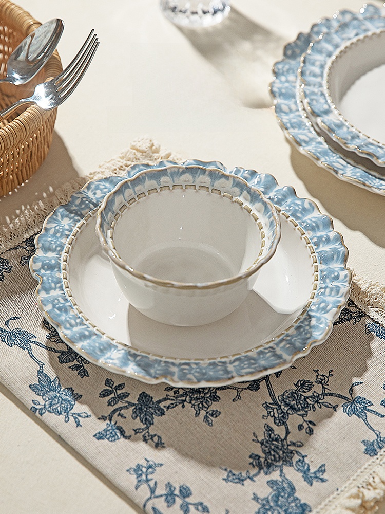 Modern Housewife Smoke Blue Ceramic Bowl Plate Tableware For Home 2025 New Arrival Rice Bowl Fancy Accessible Luxury Bowl and Chopsticks Suit